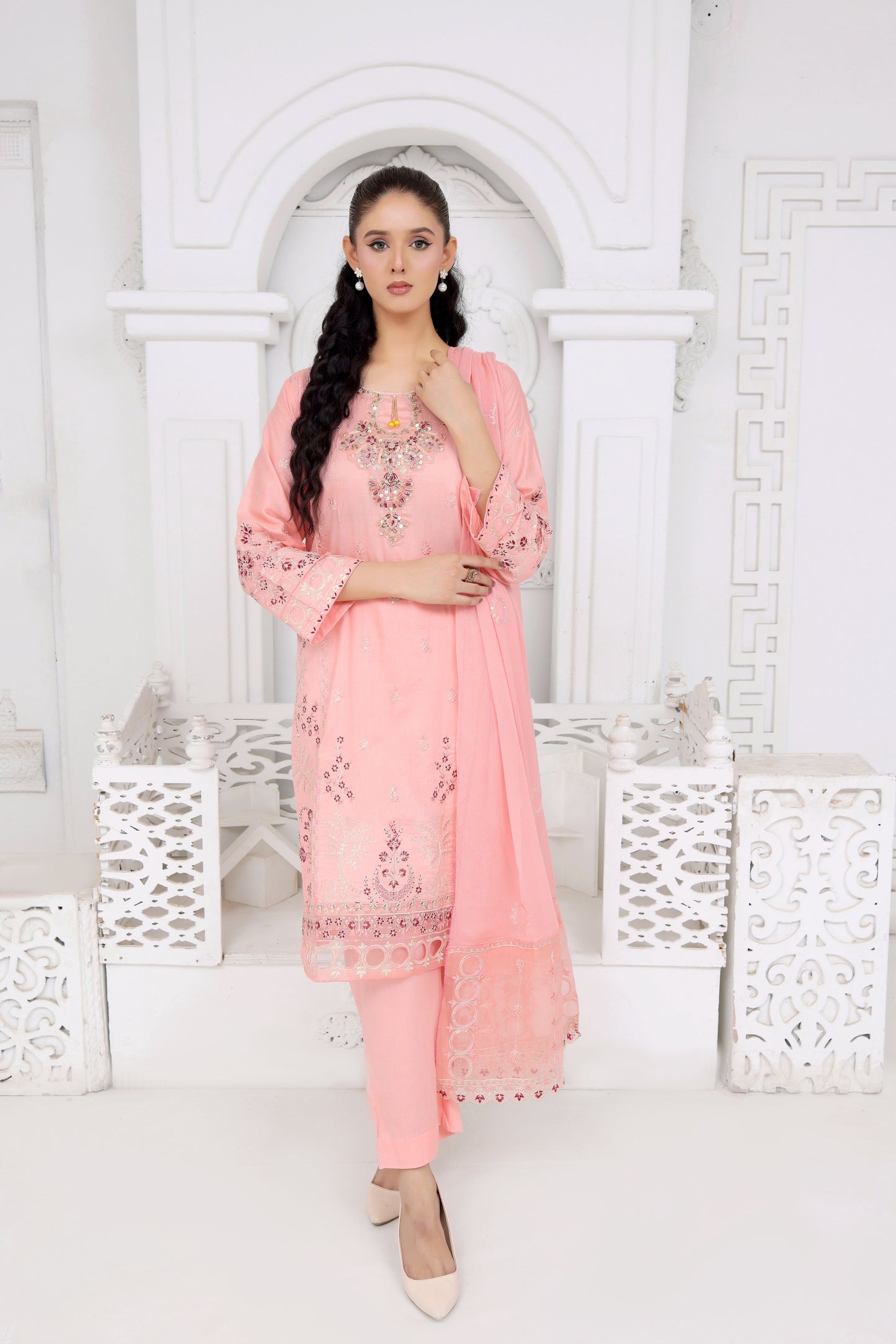 IB906 - 3PC Embroidered Lawn Unstitched Suit with Bamber Pallu Dupatta