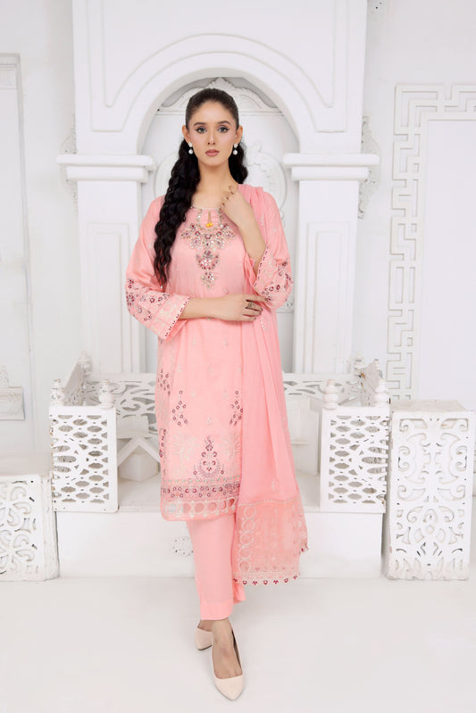 IB906 - 3PC Embroidered Lawn Unstitched Suit with Bamber Pallu Dupatta