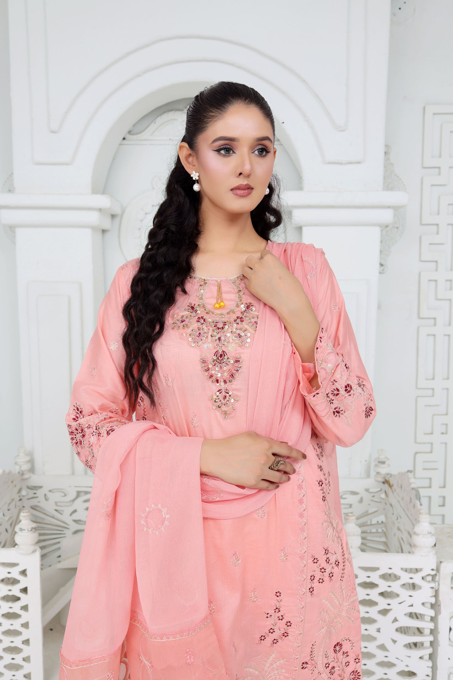 IB906 - 3PC Embroidered Lawn Unstitched Suit with Bamber Pallu Dupatta
