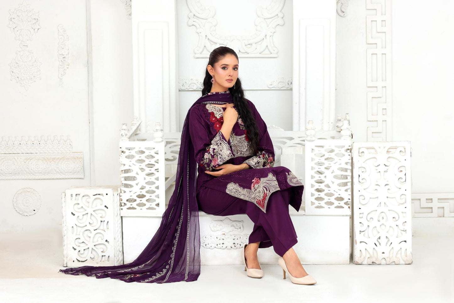 IB907 - 3PC Embroidered Lawn Unstitched Suit with Bamber Dupatta