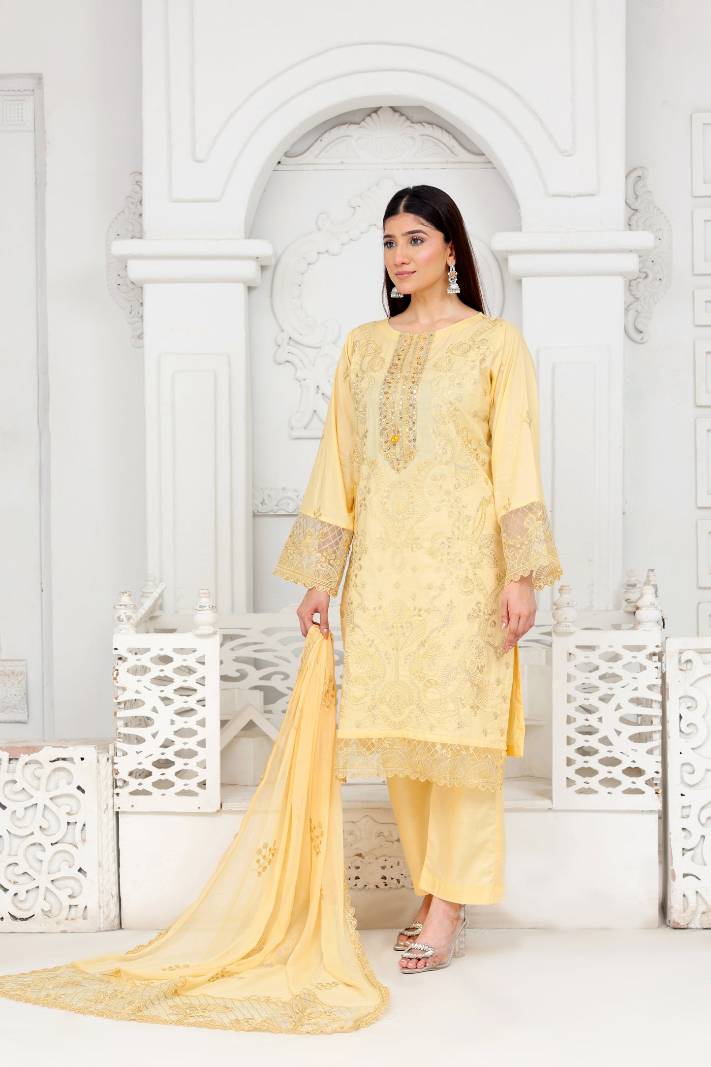 IB903 - Elegant Light Yellow Embroidered 3-Piece Unstitched Suit