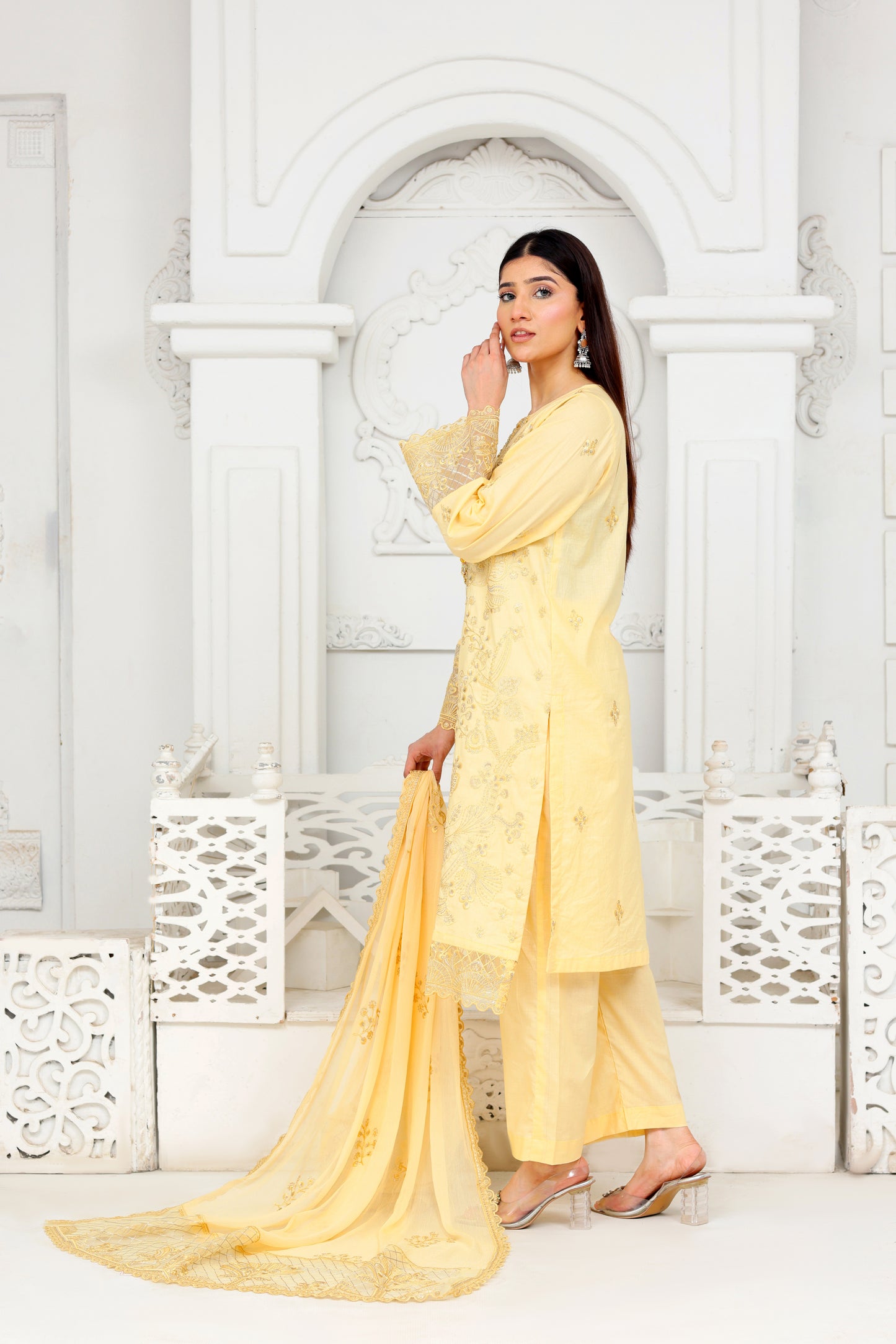 IB903 - Elegant Light Yellow Embroidered 3-Piece Unstitched Suit