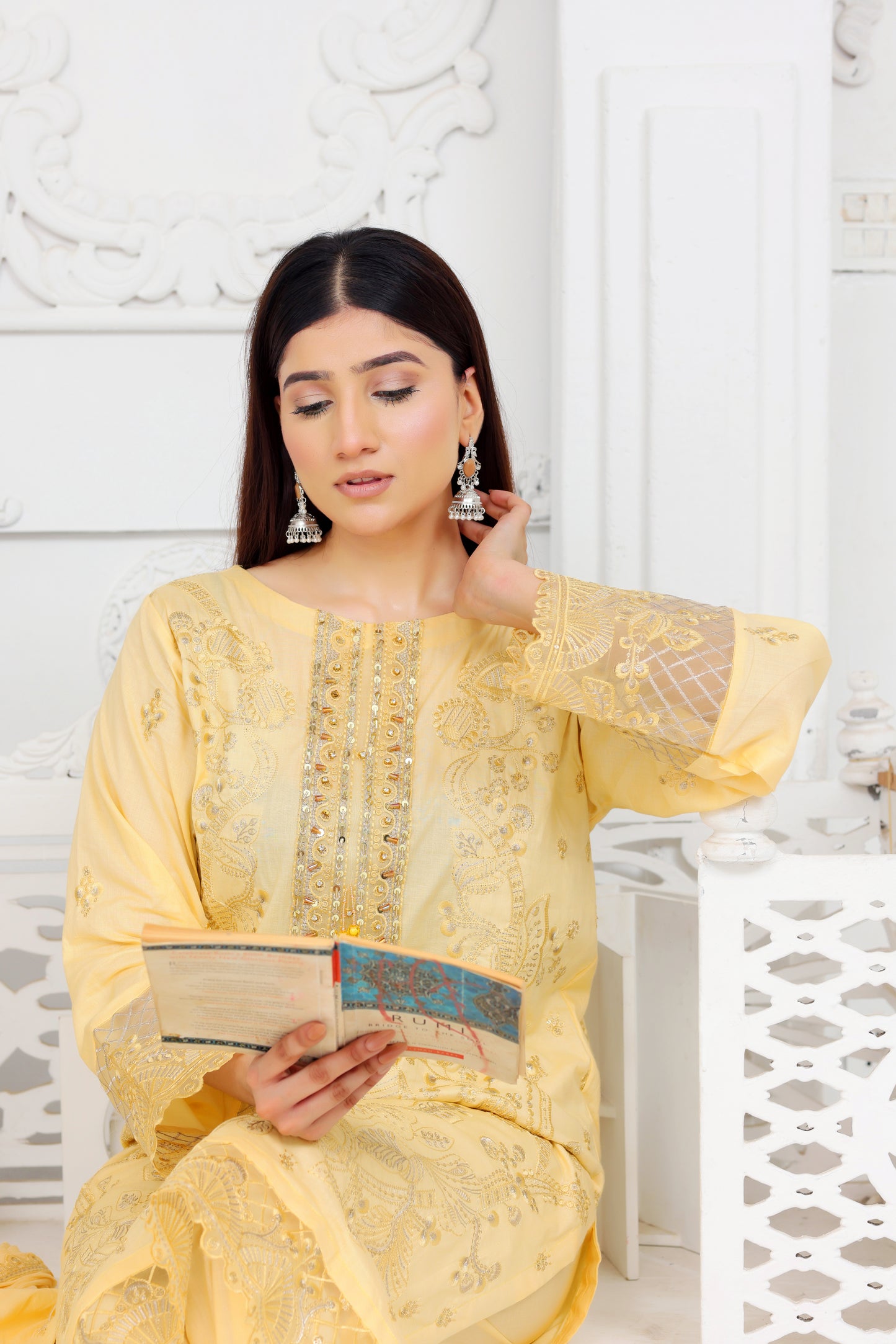IB903 - Elegant Light Yellow Embroidered 3-Piece Unstitched Suit