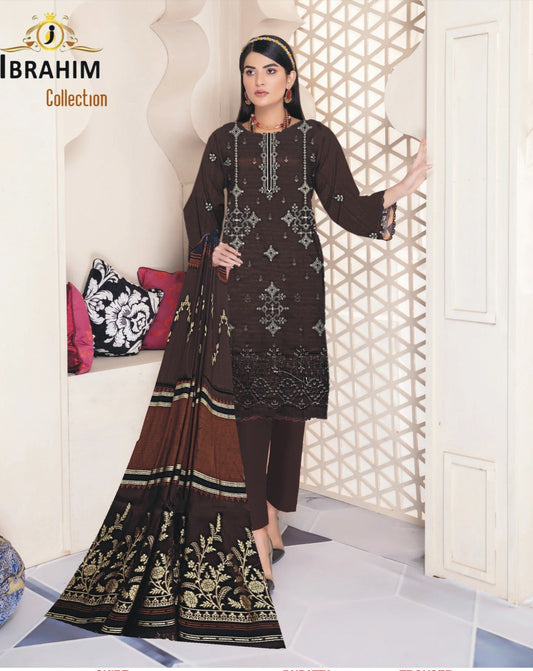 Ibrahim Collection – BanaDora Lawn Unstitched Embroidered 3PC Suit with 3D Brosha Shawl