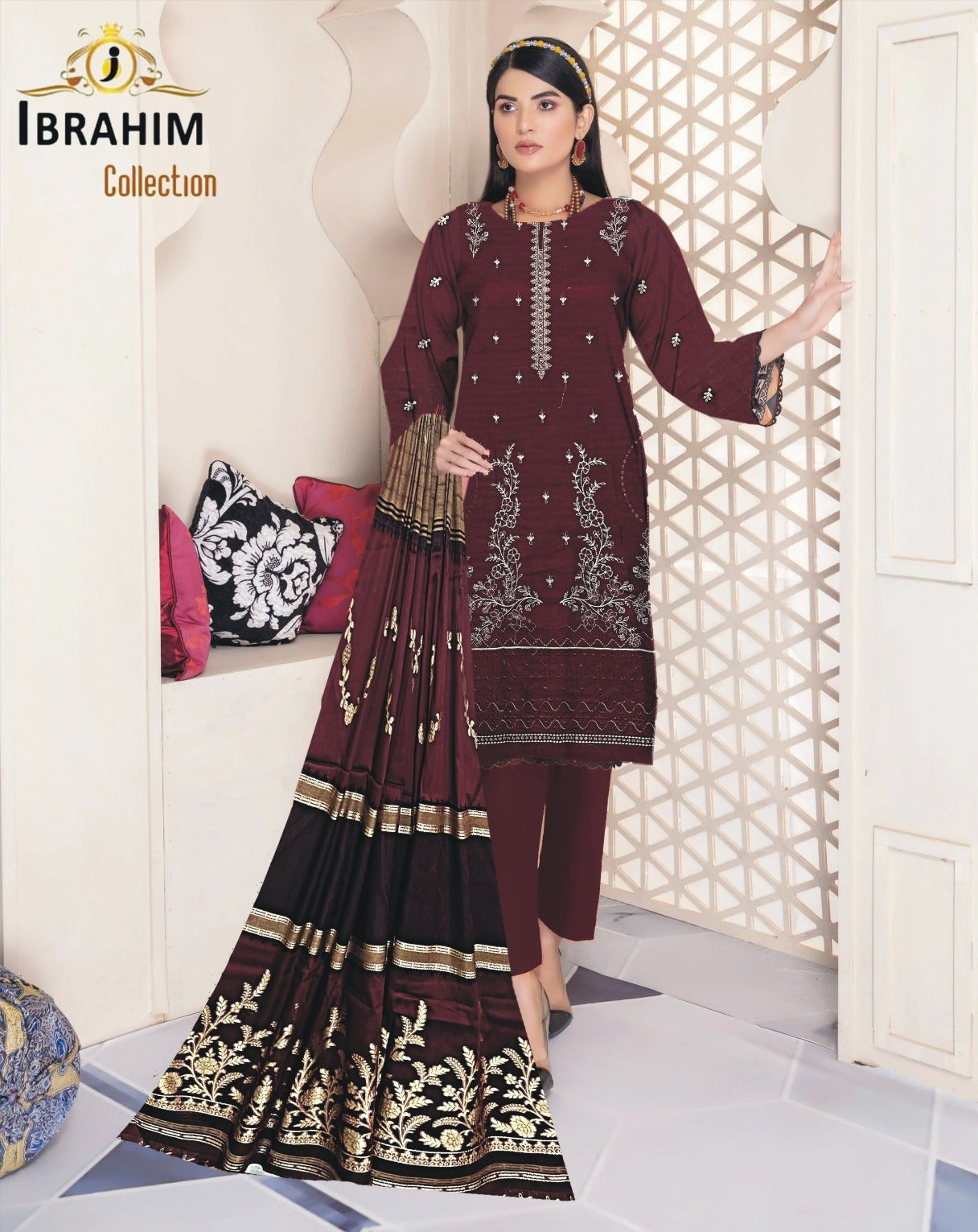 Ibrahim Collection – BanaDora Lawn Unstitched Embroidered 3PC Suit with 3D Brosha Shawl