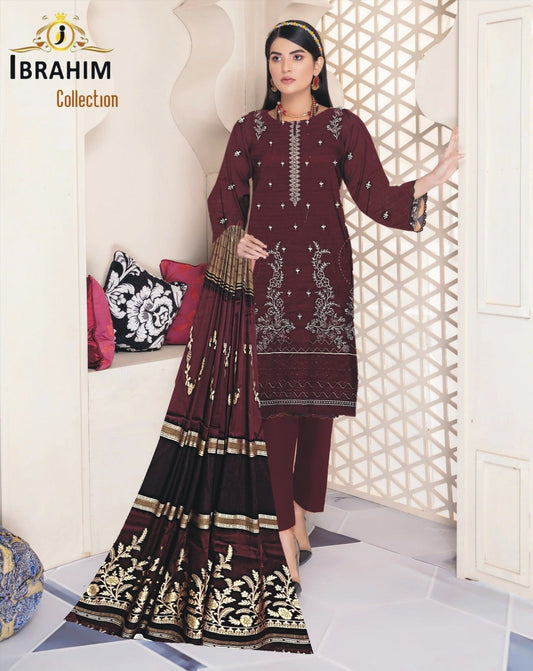 Ibrahim Collection – BanaDora Lawn Unstitched Embroidered 3PC Suit with 3D Brosha Shawl